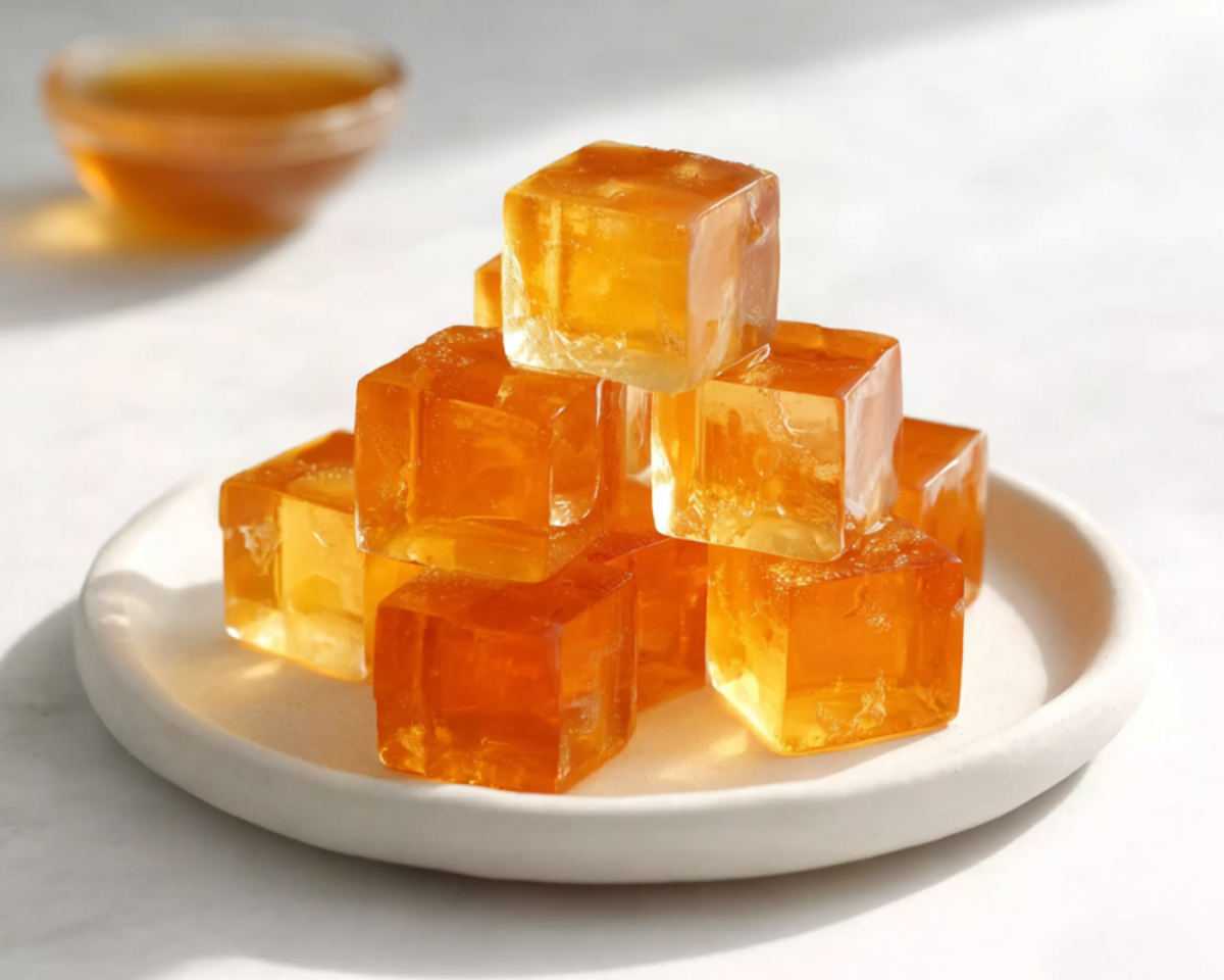 Golden gelatin cubes pyramid on plate