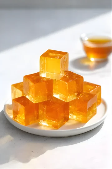 Golden gelatin cubes stacked on white plate