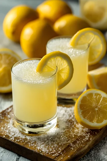 Lemon gelatin drink in glass with lemon slice