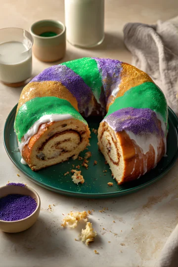 Part de king cake aux sucres violet vert et or