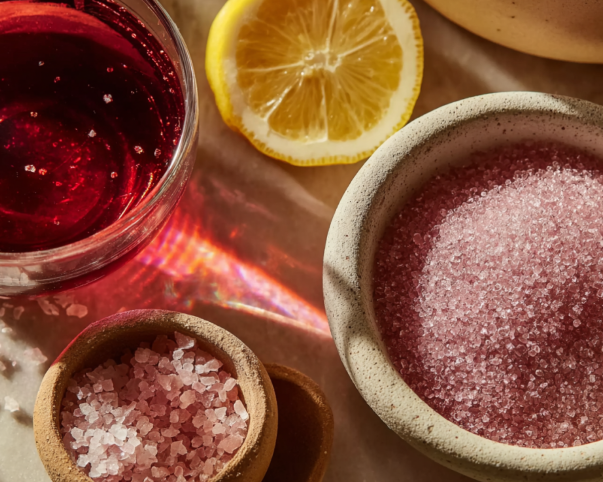 Pink gelatin crystals lemon slice and red drink ingredients
