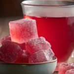 Pink gelatin cubes in bowl with hot red drink