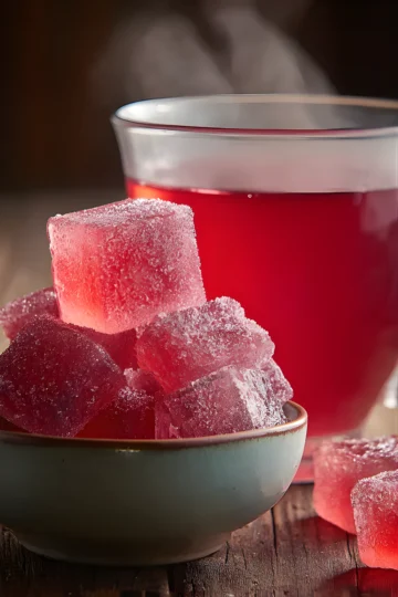 Pink gelatin cubes in bowl with hot red drink