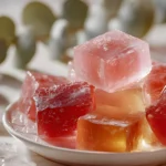 Plate of pink and amber gelatin cubes