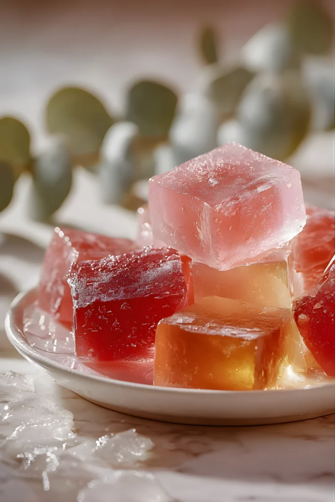 Plate of pink and amber gelatin cubes