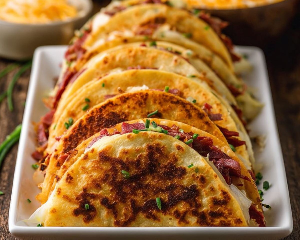 Row of Irish tacos with melted cheese