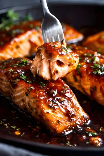 Saumon glacé miel ail avec bouchée sur fourchette