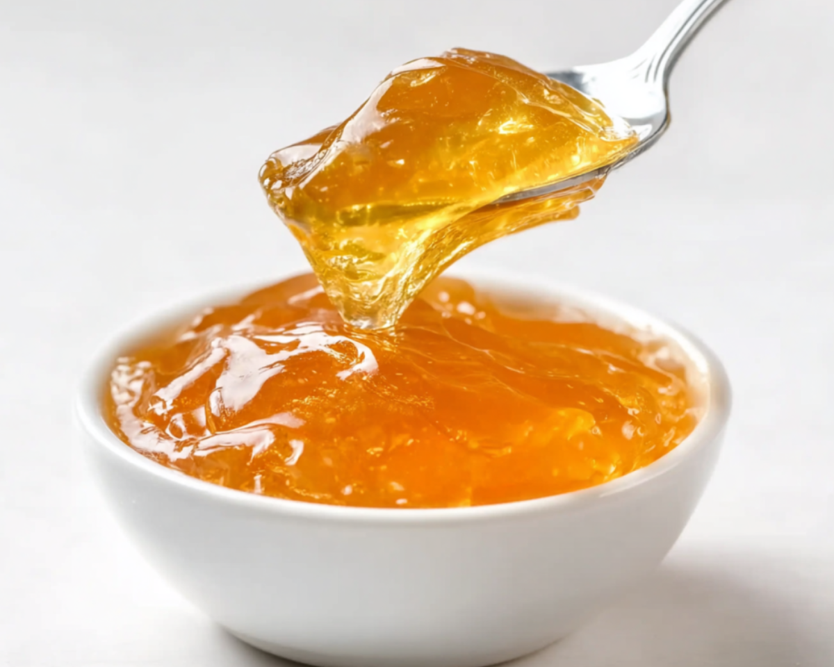 Spoon lifting glossy golden gelatin from bowl