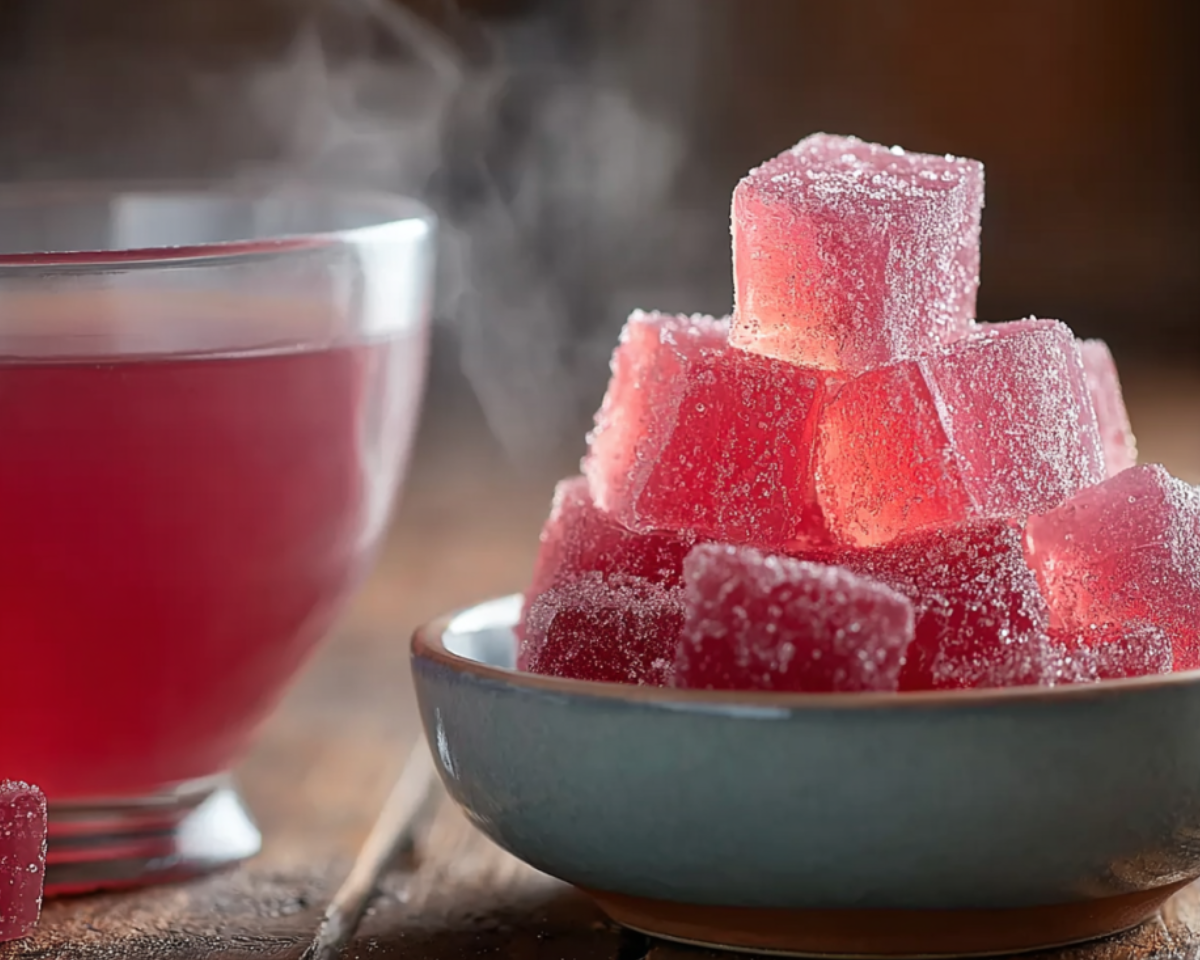 Stacked pink gelatin cubes with steaming drink