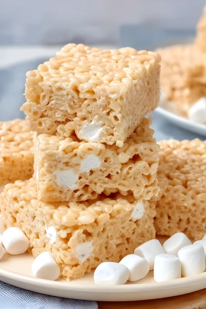 Stacked rice krispie treat squares with marshmallows
