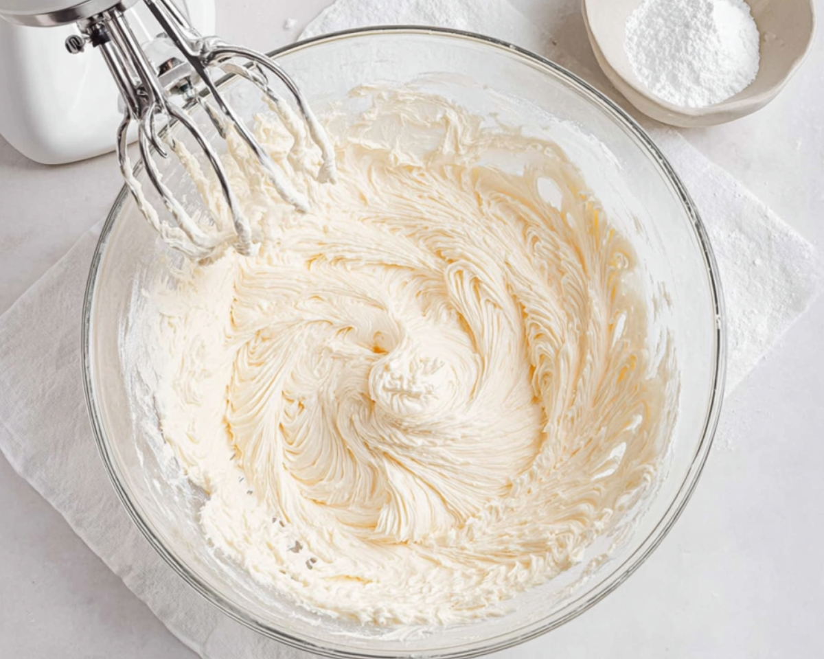 Whipped buttercream in glass bowl