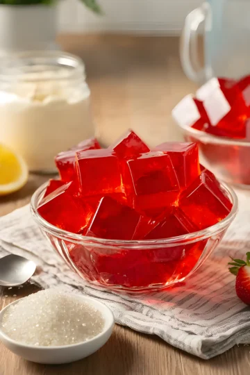 bol cubes gelatine rouge fraise citron table bois
