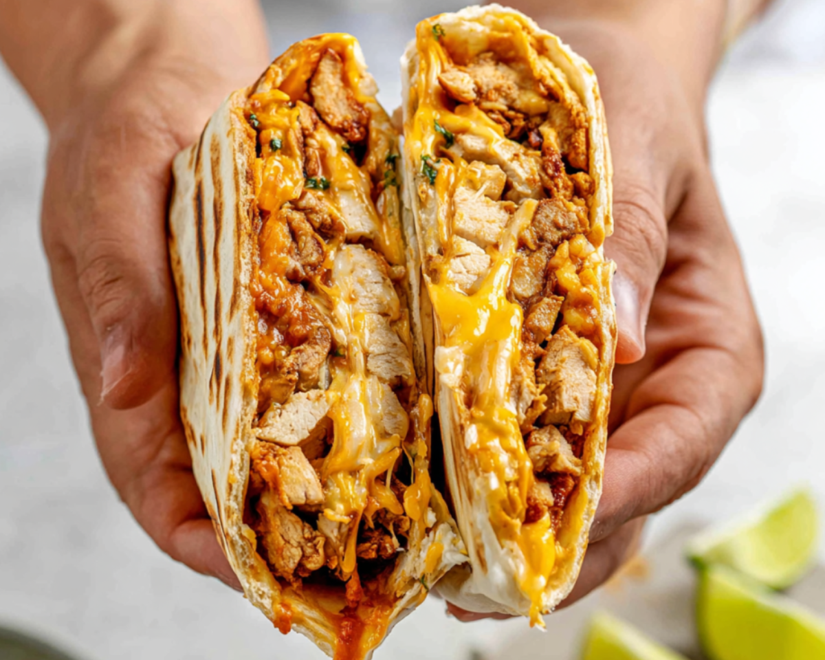chicken crunchwrap held with melted cheese