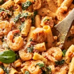 creamy shrimp pasta close up