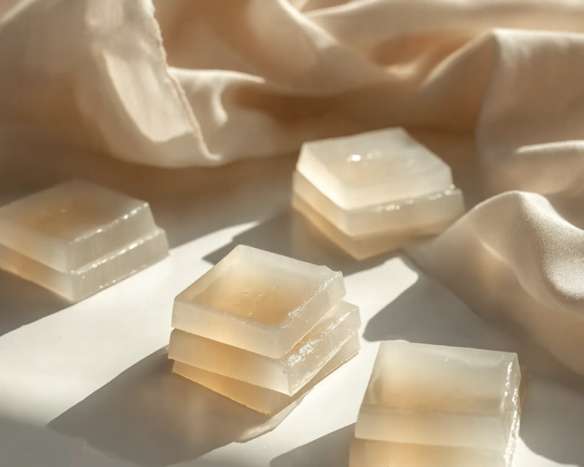 cubes gelatine translucides sur table blanche tissu beige