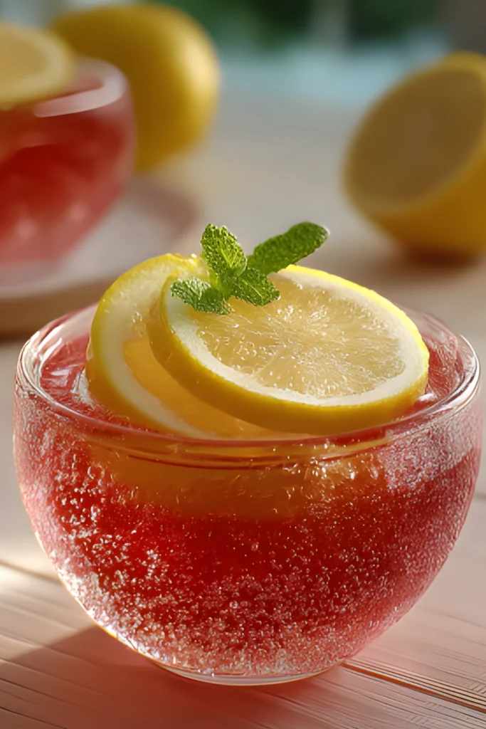 pink gelatin dessert with lemon slices