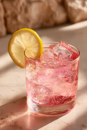 pink iced drink with lemon slice