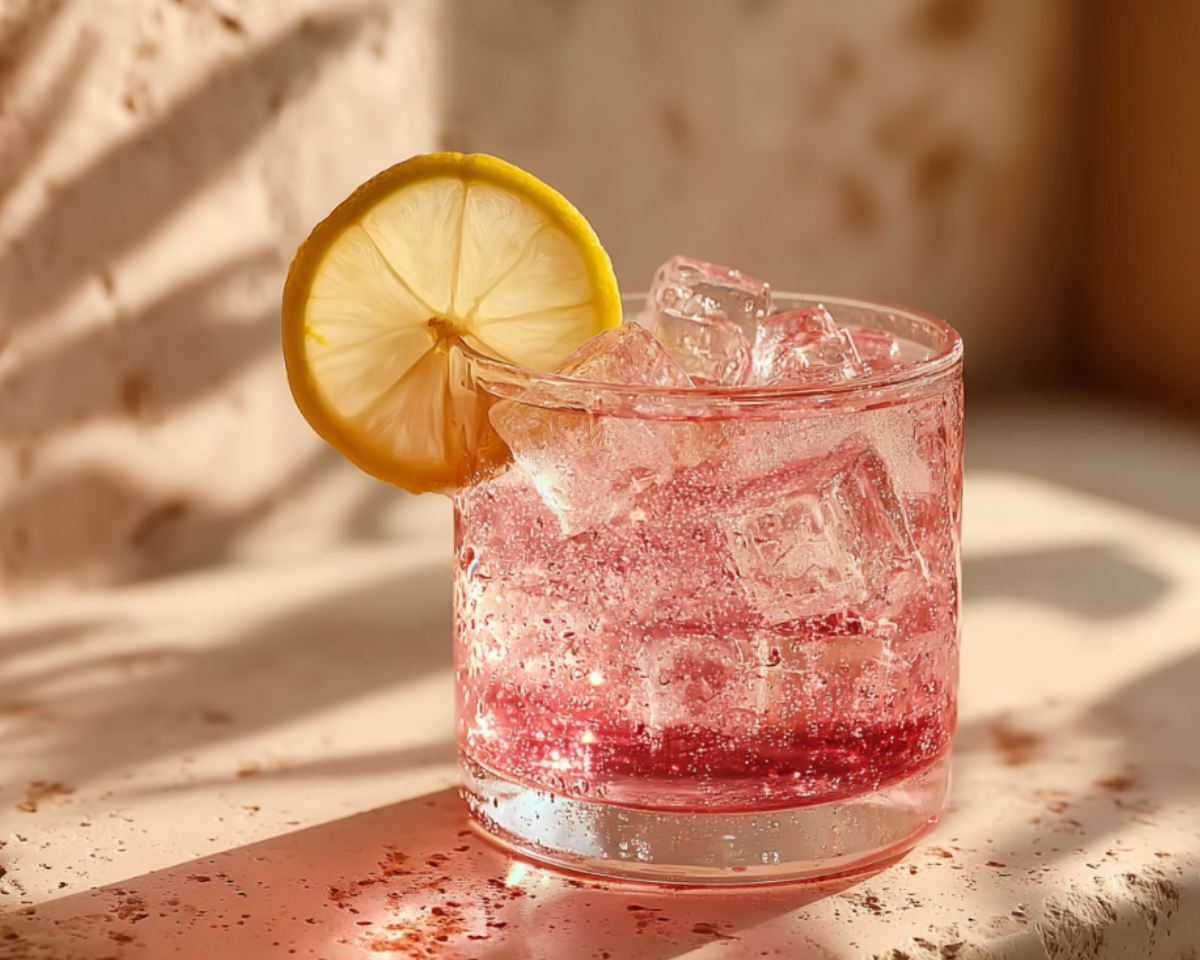 pink lemon drink with ice cubes
