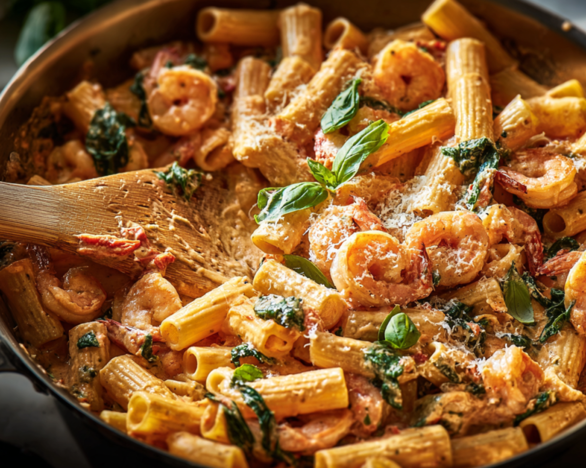 shrimp pasta in skillet