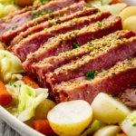 sliced corned beef with vegetables on plate