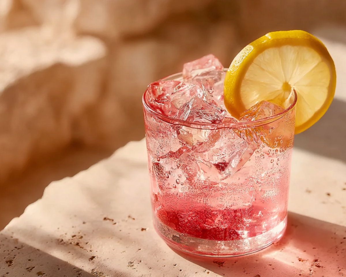 sparkling pink drink with ice and lemon