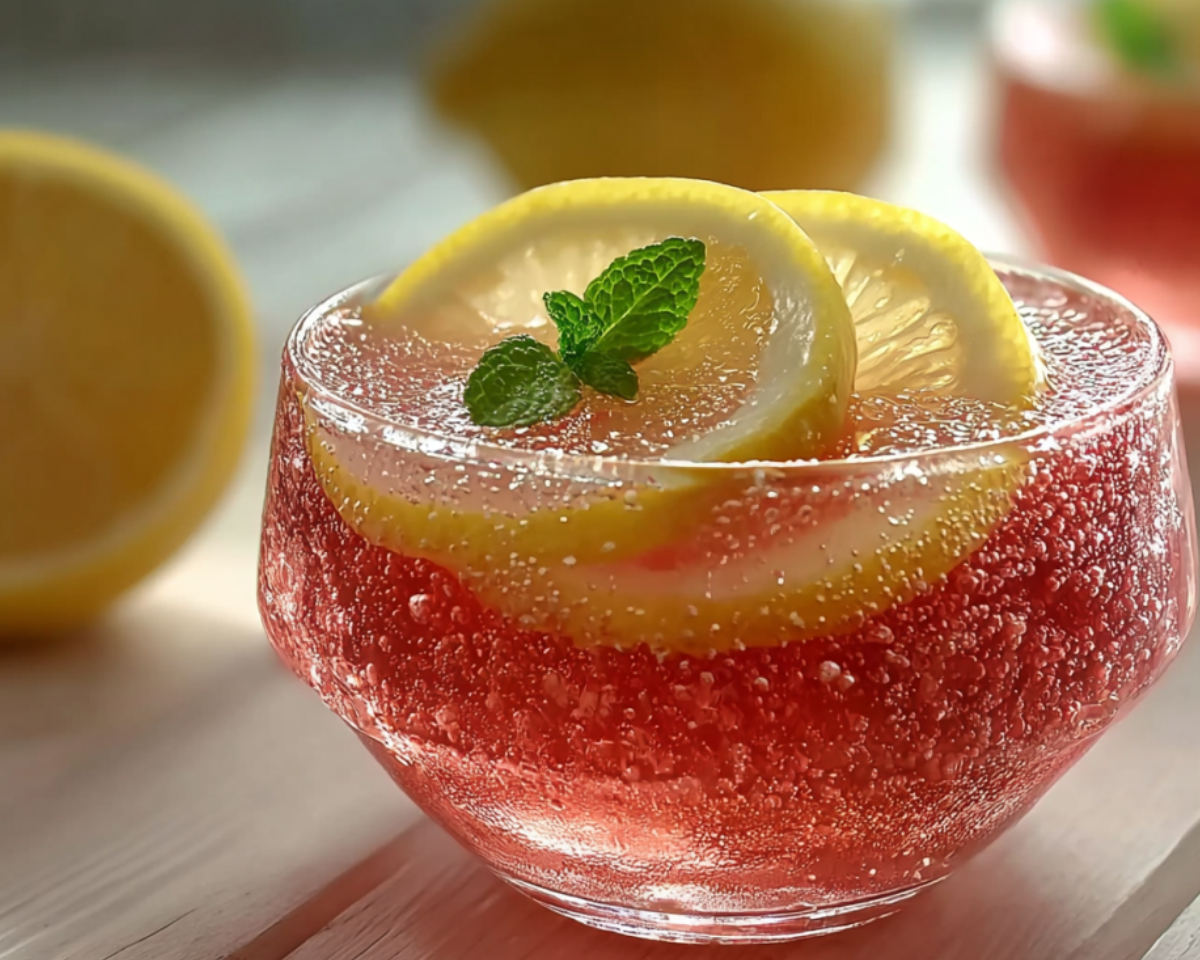 sparkling pink gelatin with mint garnish