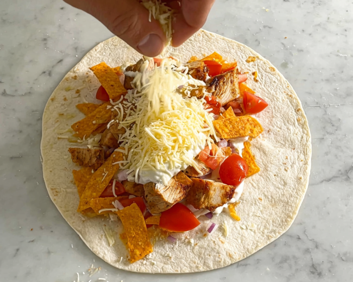 tortilla with chicken cheese and chips assembling