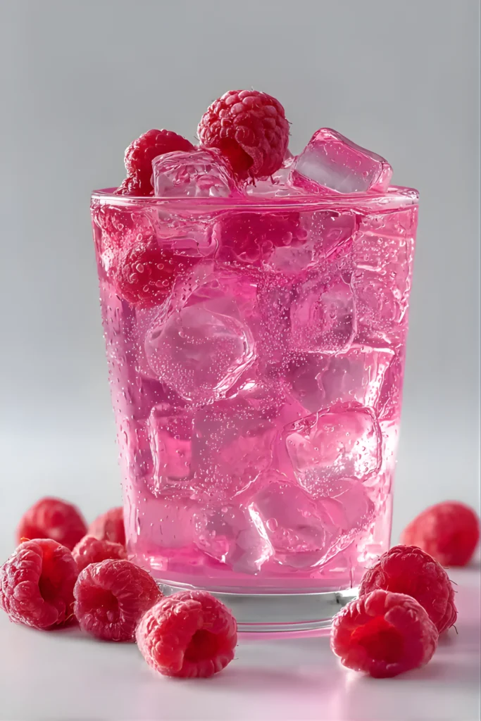 verre eau gelatine rose framboises glaçons