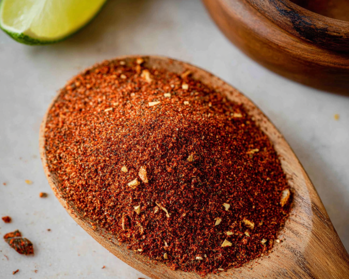 wooden spoon filled with taco seasoning