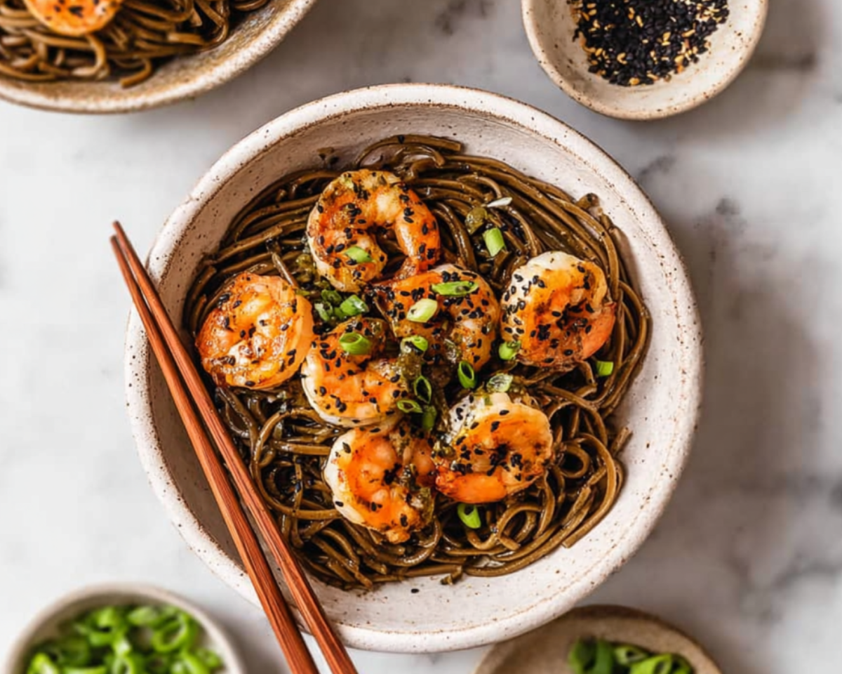 Garlic shrimp noodles top view