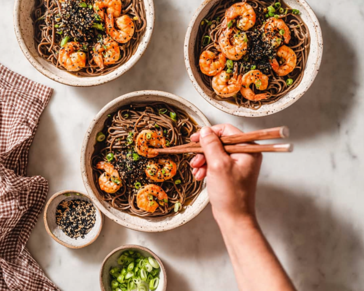 Hand picking shrimp soba noodles