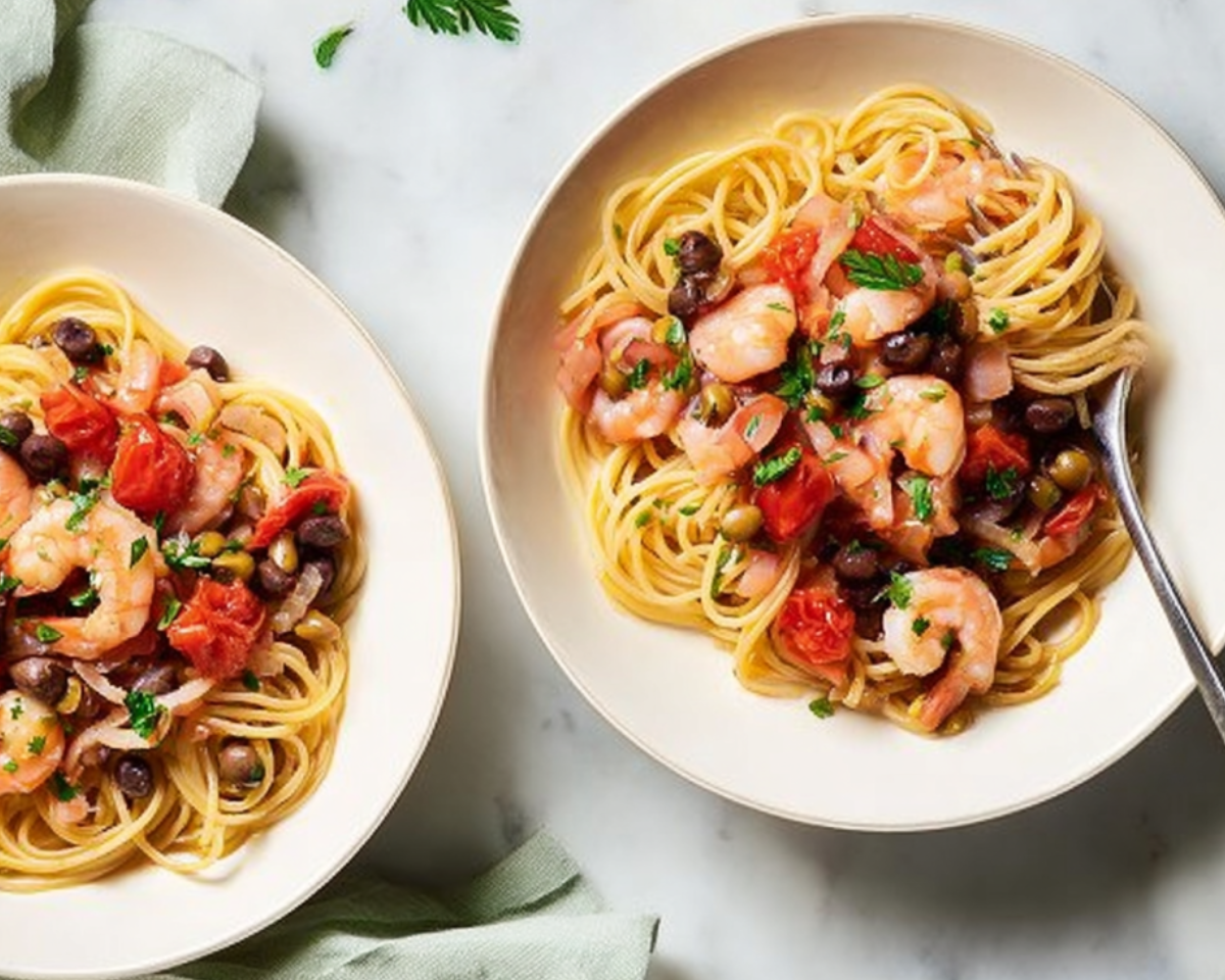 Shrimp spaghetti olives tomatoes