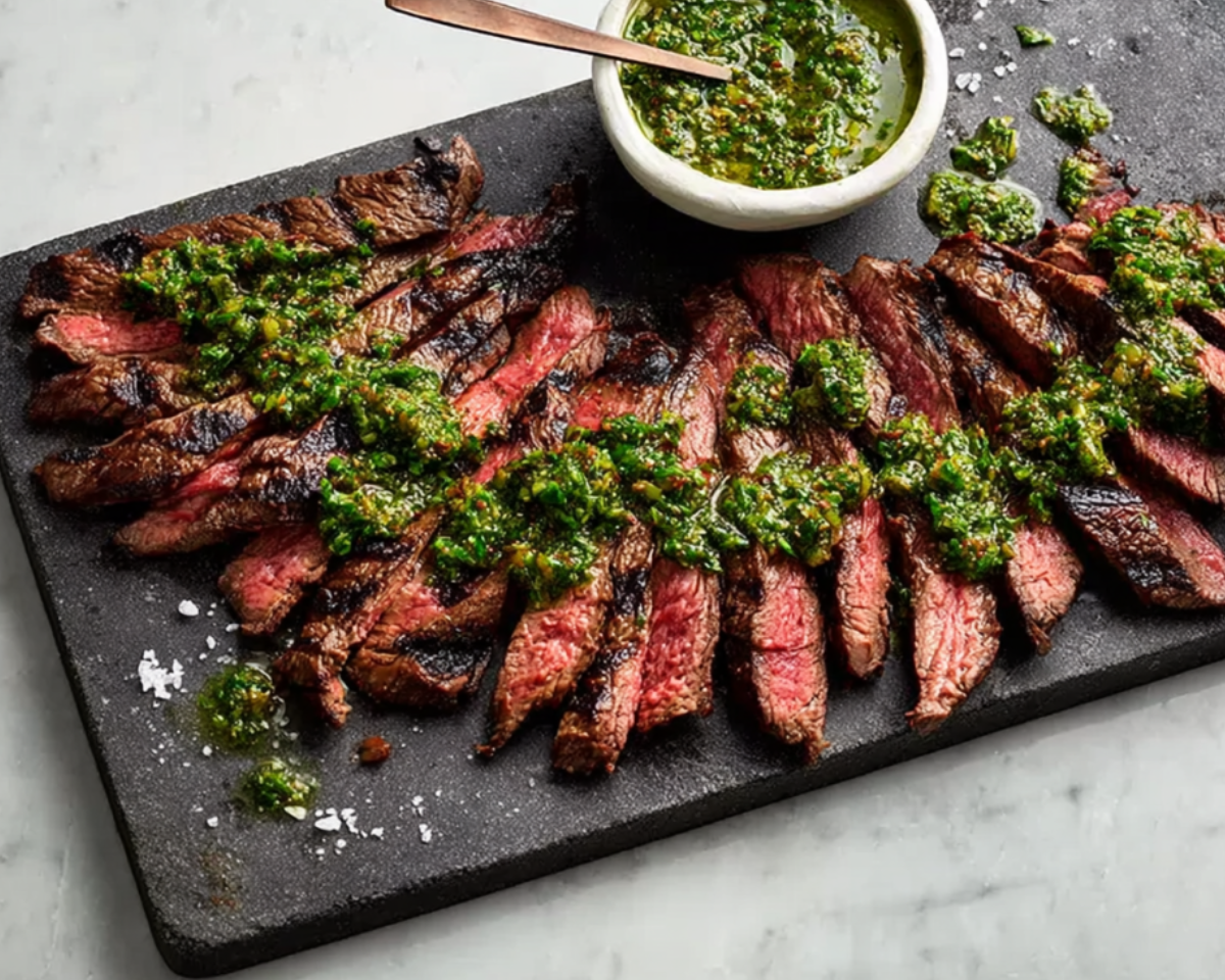 Sliced steak with green chimichurri sauce
