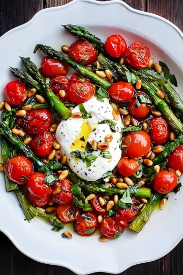 asparagus tomato burrata salad with pine nuts
