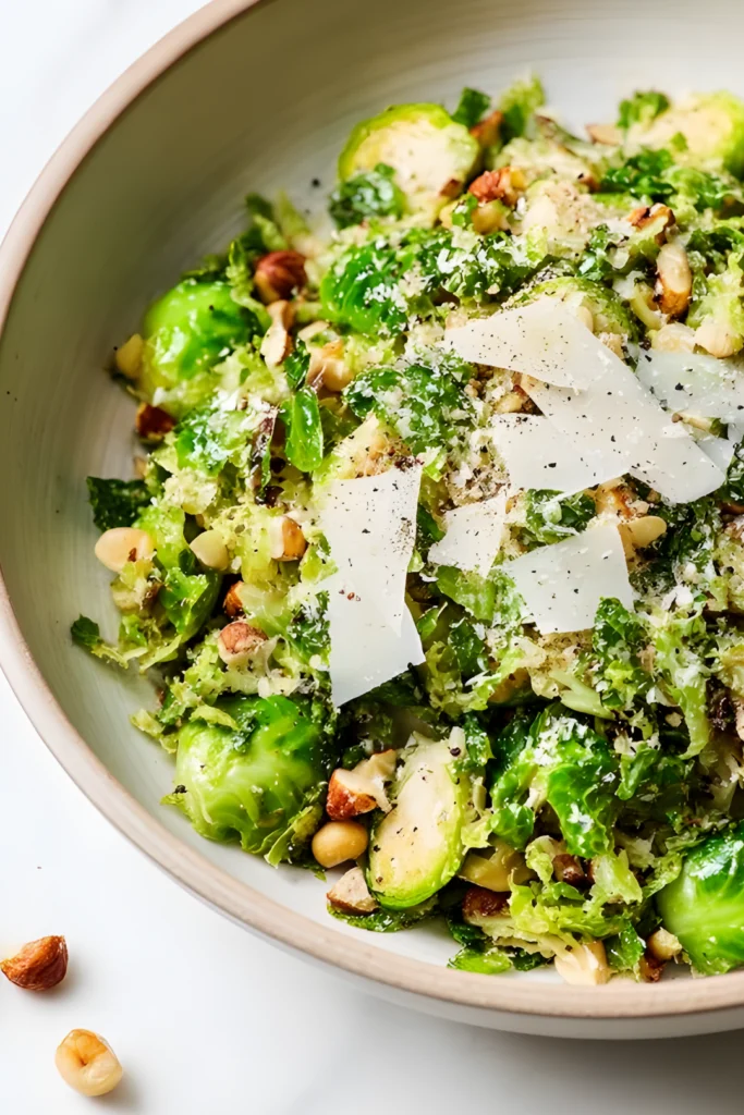 cacio e pepe brussels sprouts with parmesan and hazelnuts
