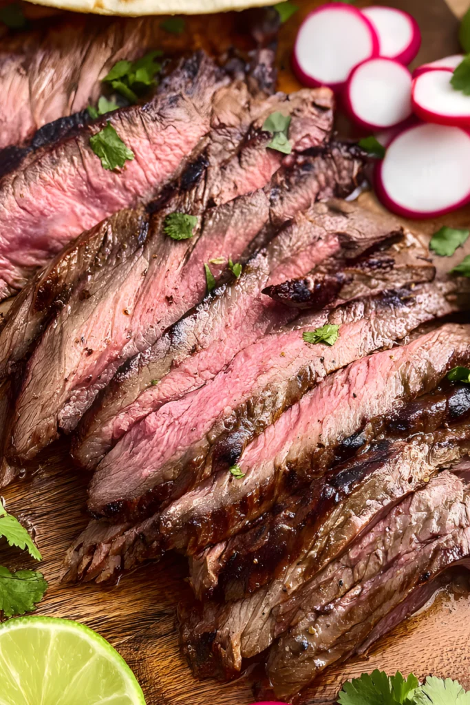 carne asada slices with tortillas radishes and jalapenos