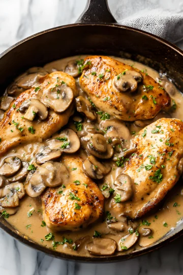 chicken marsala in skillet with creamy mushroom sauce