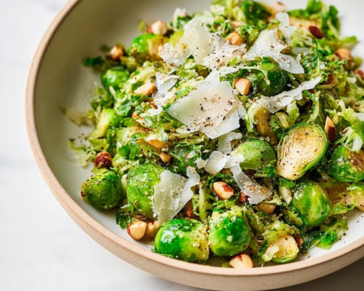 close up brussels sprouts with parmesan shavings