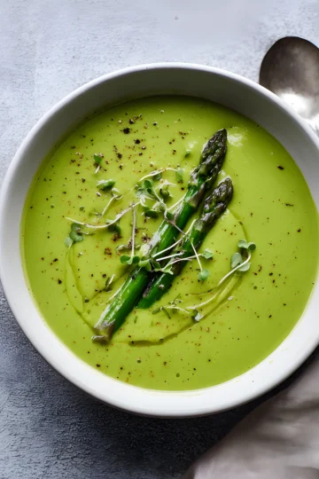 creamy asparagus soup with whole asparagus garnish
