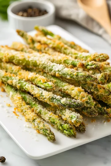 crispy parmesan asparagus fries on white plate