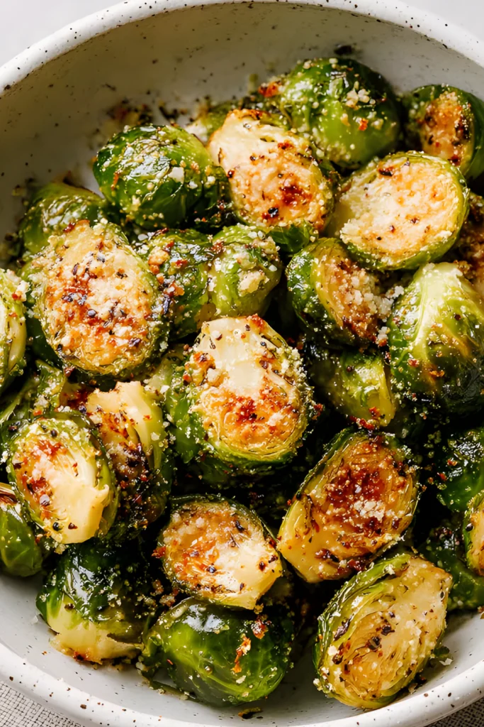crispy parmesan brussels sprouts in bowl