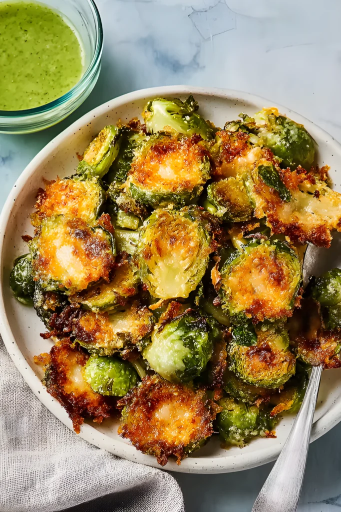 crispy parmesan brussels sprouts in bowl