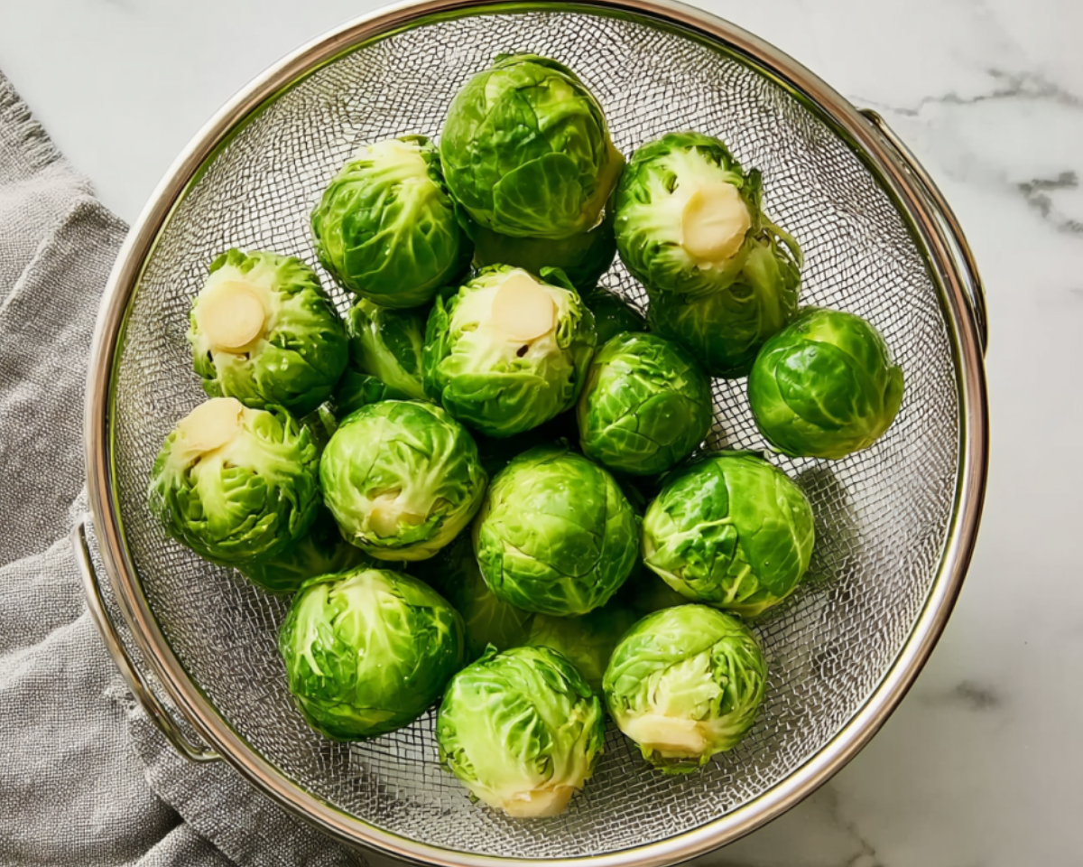 fresh brussels sprouts in colander