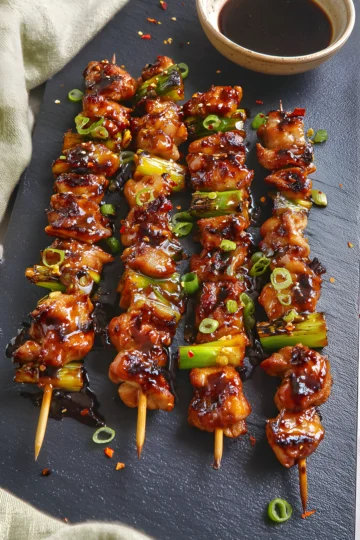 glazed chicken skewers with green onions