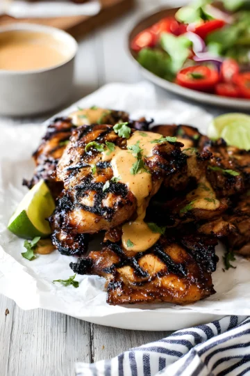 grilled coconut chicken with creamy sauce and lime