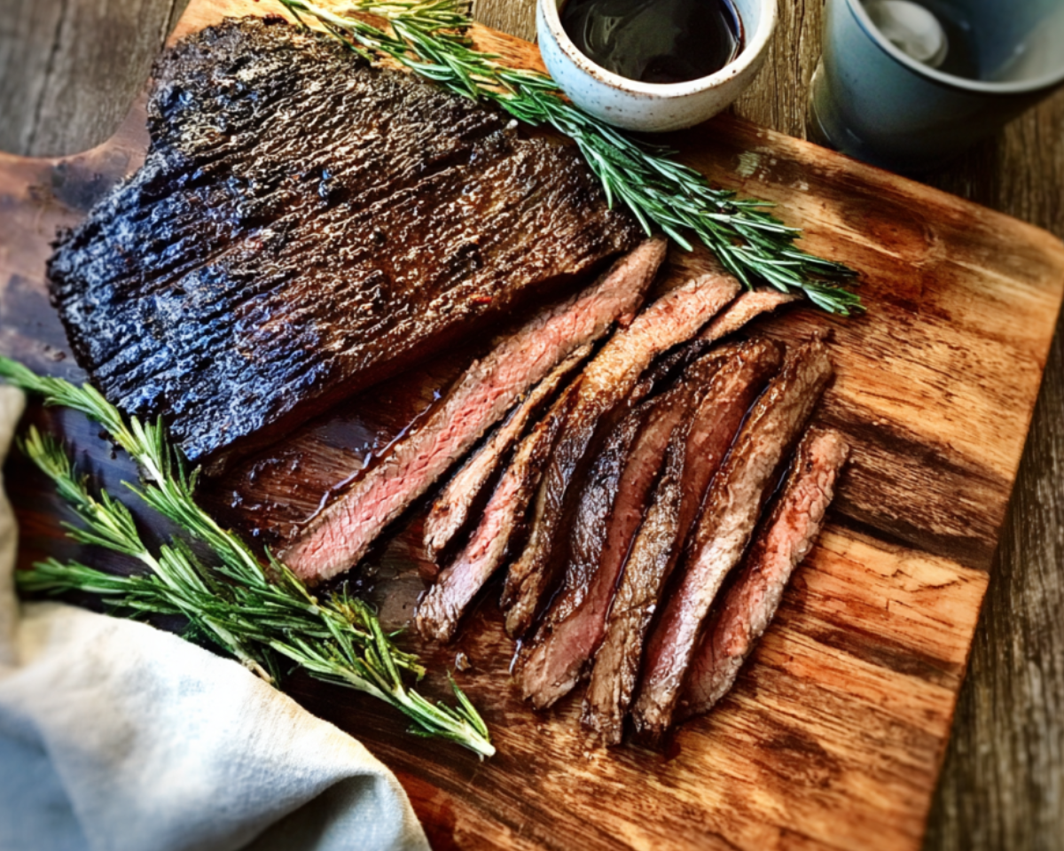 grilled flank steak with sliced pieces on wooden board
