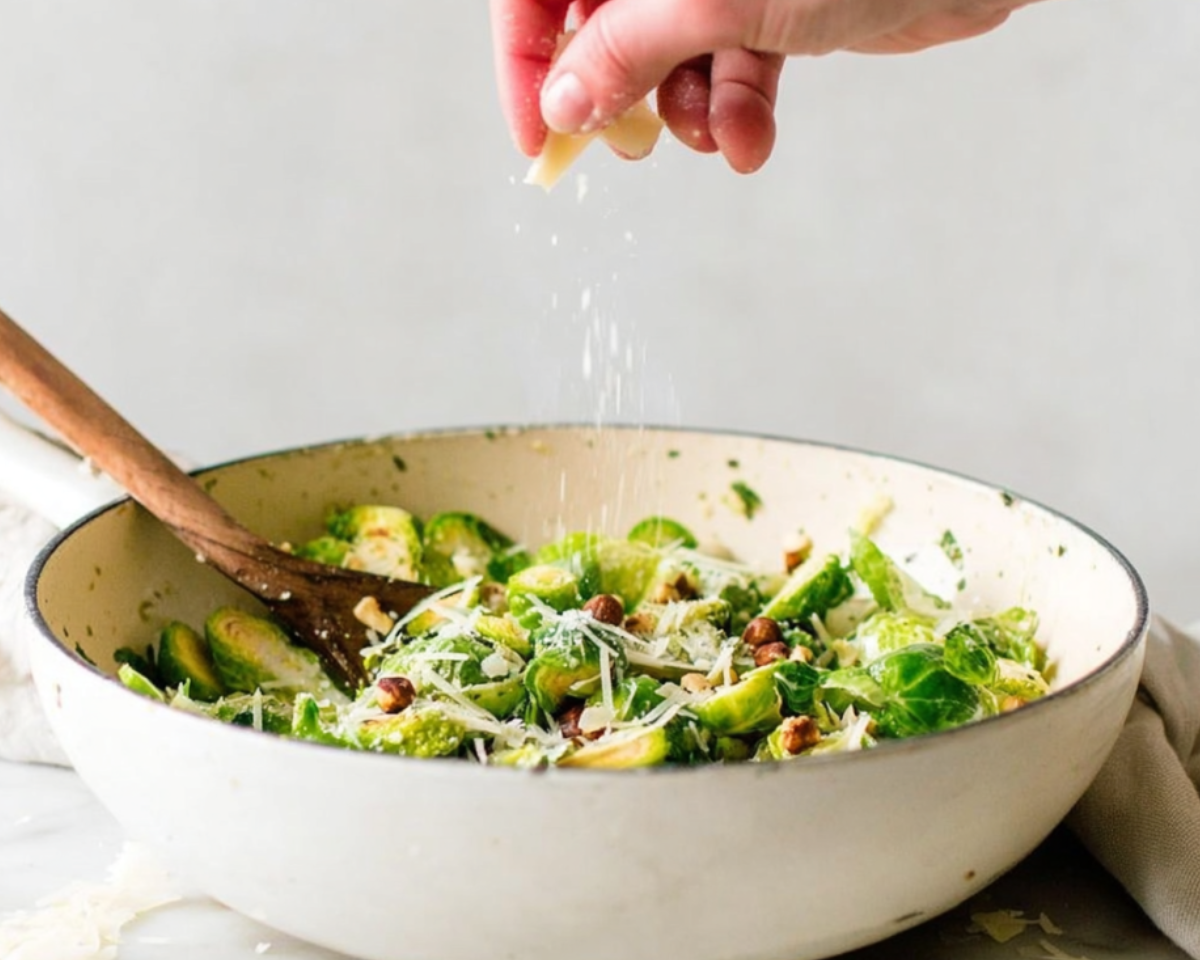 hand sprinkling parmesan over brussels sprouts pan