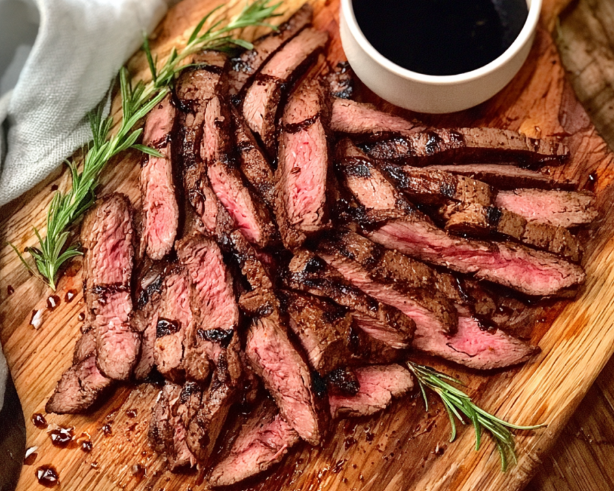 juicy sliced flank steak with balsamic glaze and herbs