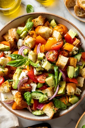 panzanella salad with croutons tomatoes cucumber basil