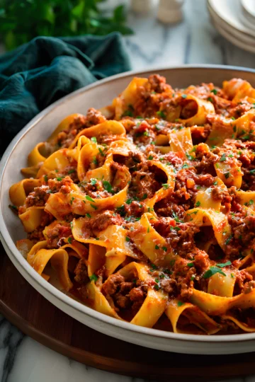 pappardelle bolognese in bowl
